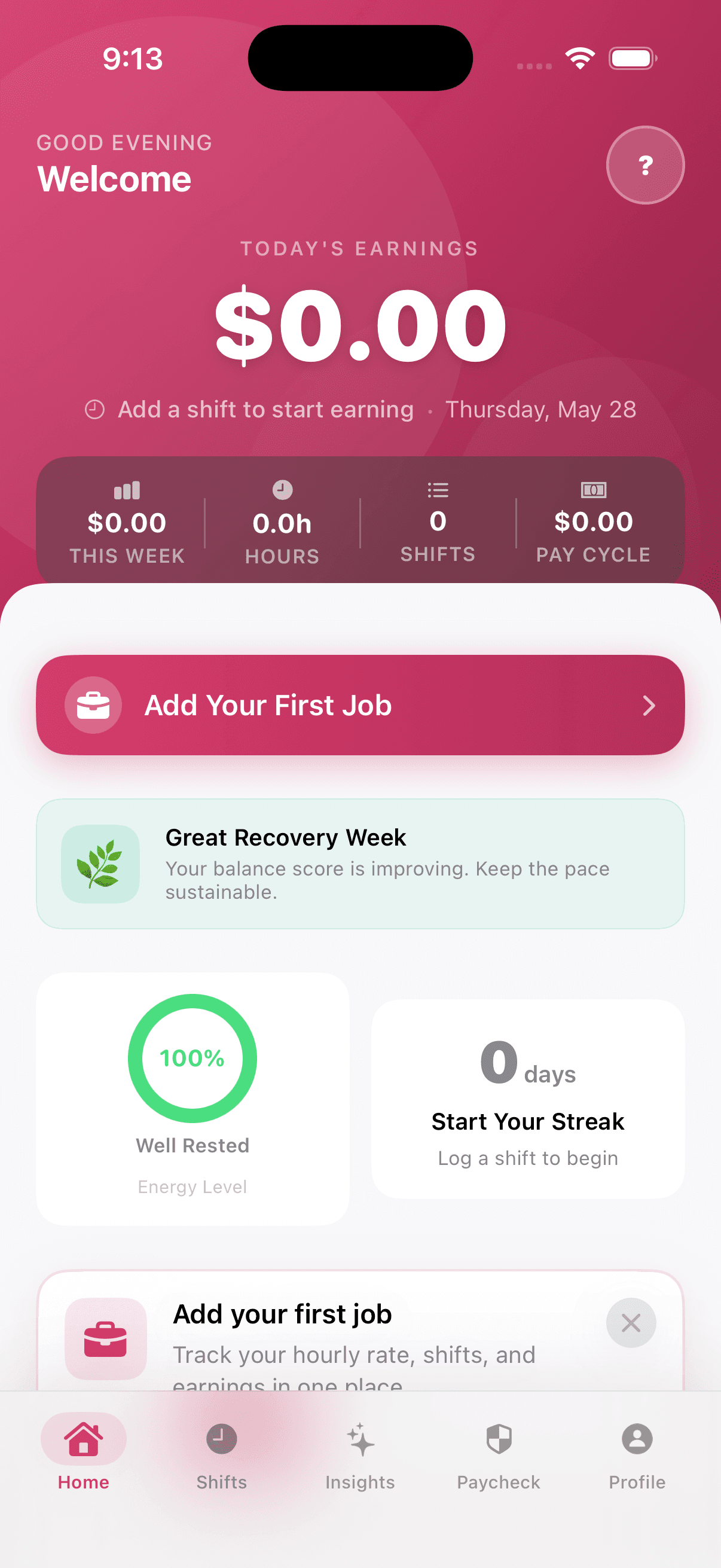 ShiftFlow Home screen showing burnout and energy widgets