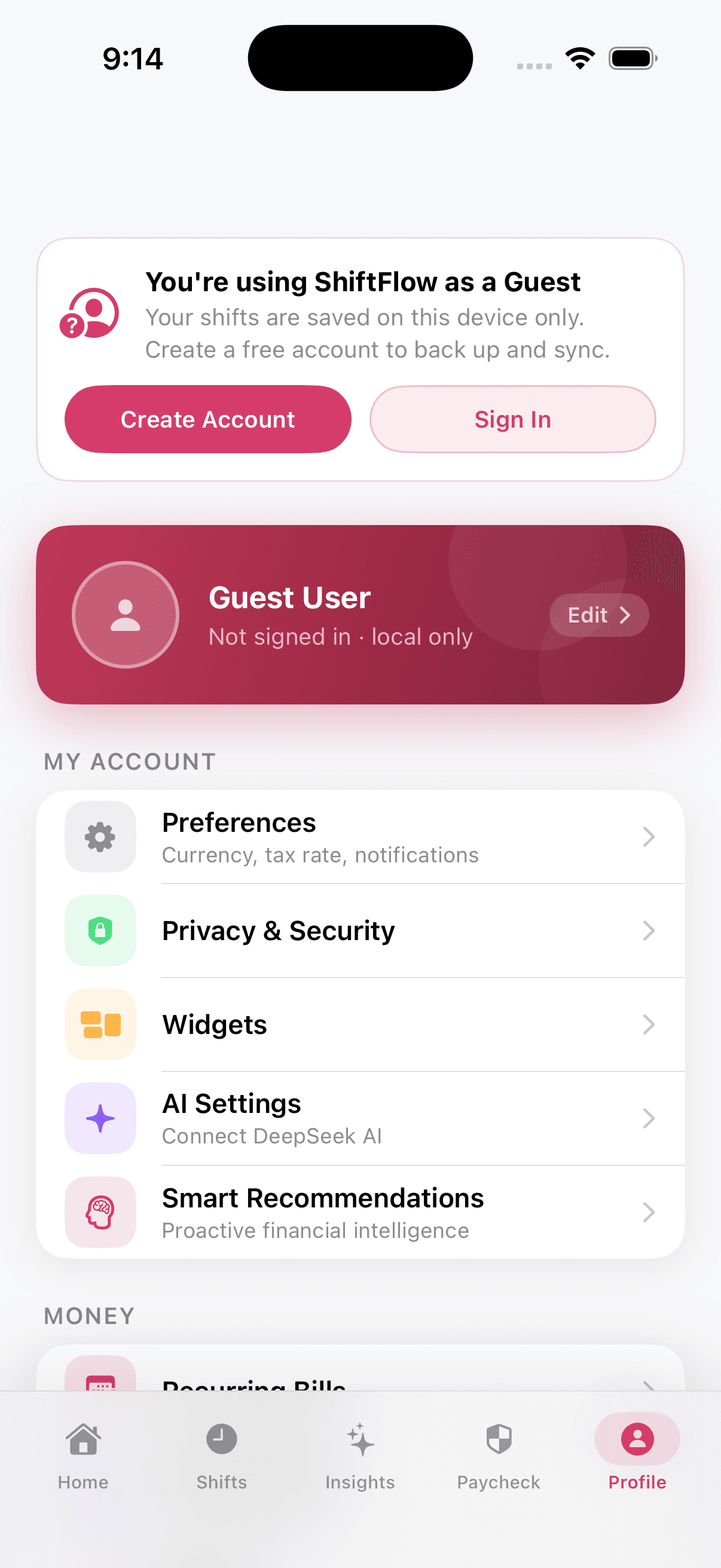 ShiftFlow Profile & Settings