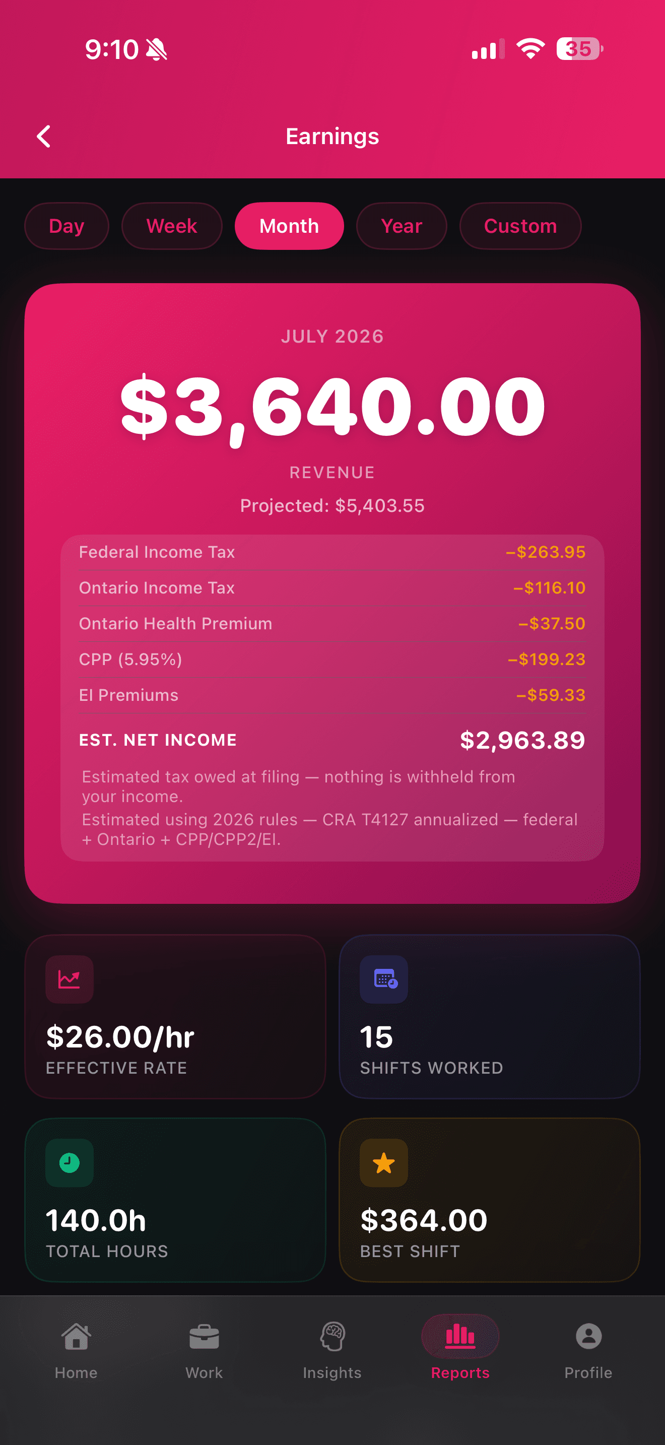 ShiftFlow earnings with estimated tax breakdown