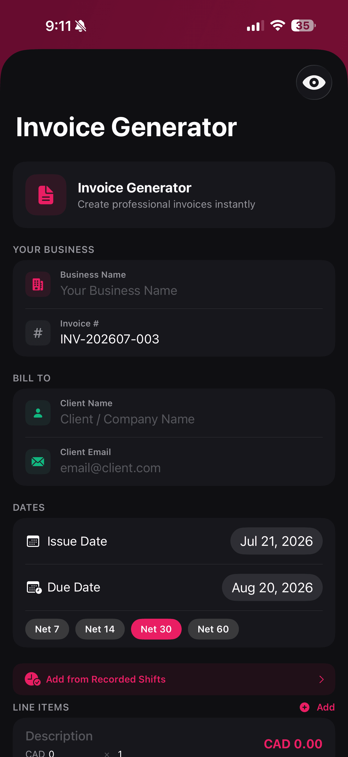 ShiftFlow invoice generator